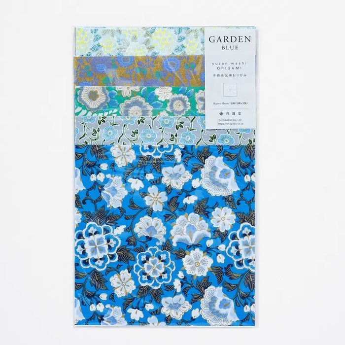 Shogado-Origami-Set-GARDEN_-blue-10_Blaetter-5_Motive-_x2-_Origam-i_aus-_Yuzen-Papier-_Format-_15cm-_x-_15cm-verpackung-von-vorn