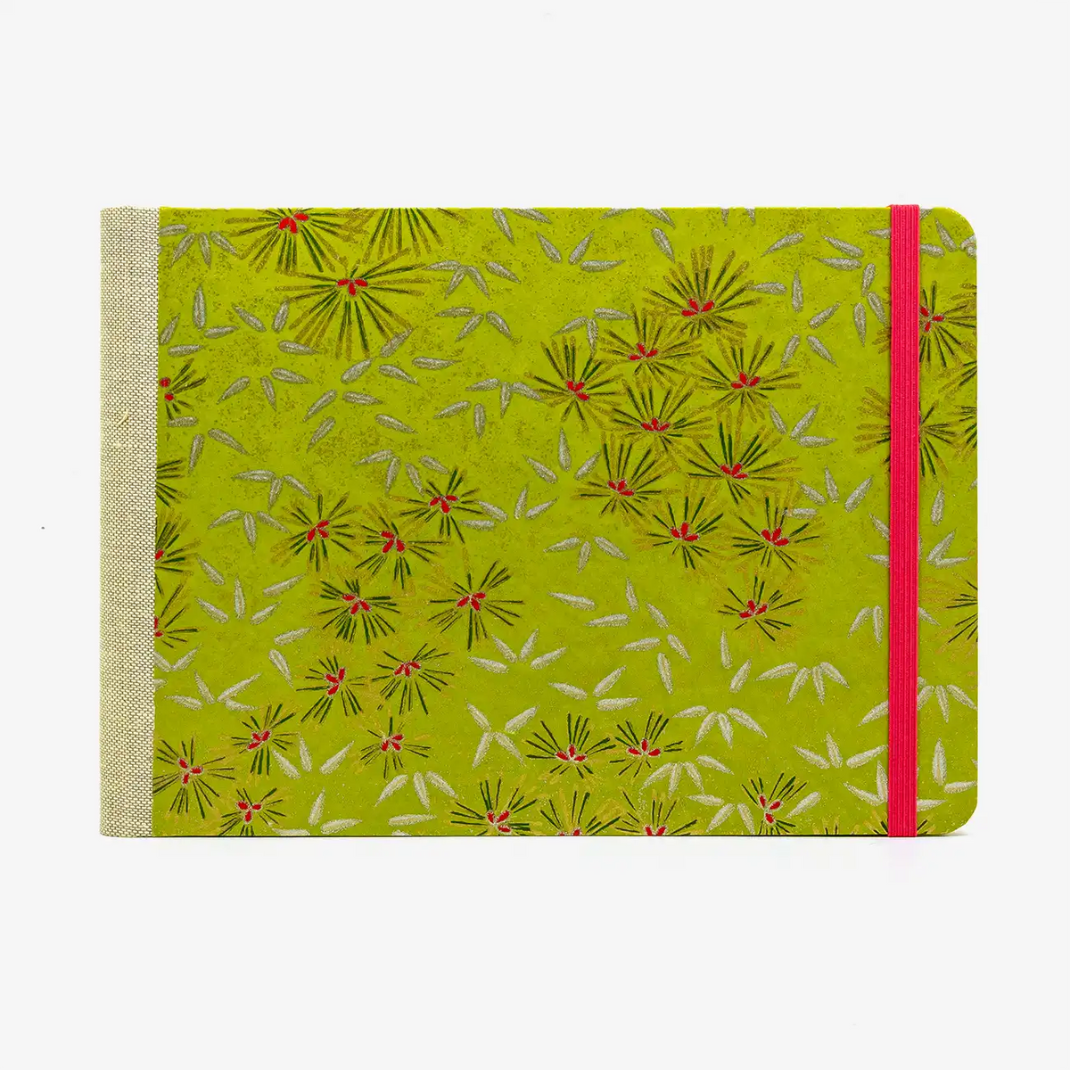 Skizzenbuch-A5-Quer-192seite-Cover-Chiyogami-Motiv-Kiefern-gruen-silber-gold-vorn
