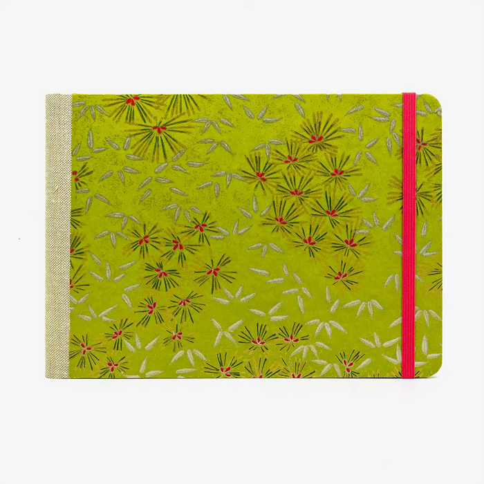 Skizzenbuch-A5-Quer-192seite-Cover-Chiyogami-Motiv-Kiefern-gruen-silber-gold-vorn