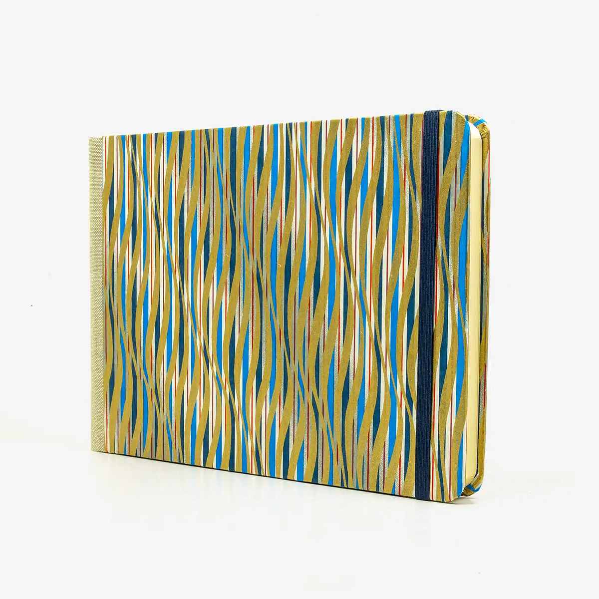 Skizzenbuch-A5-Quer-192seite-Cover-Chiyogami-Motiv-Streifen-gewellt-gold-blau-seitlich-vorn