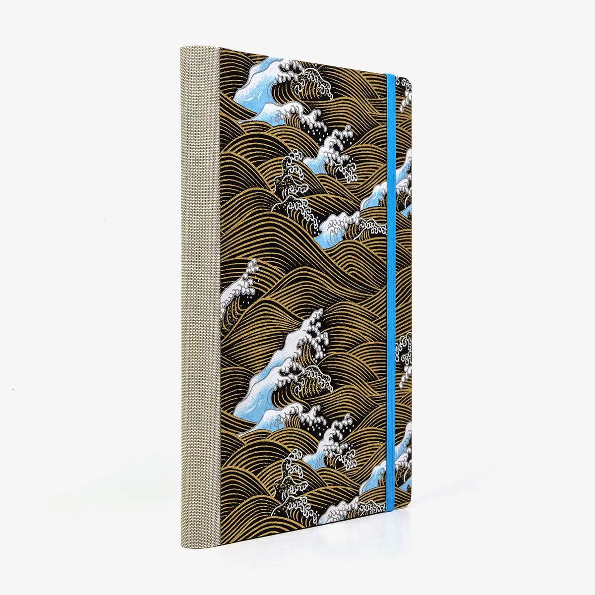 Skizzenbuch-A5-blanko-160-Seiten-Chiyogami-Papier-Motiv-Nami-Gold-blau-auf-schwarz-seitlich-von-hinten