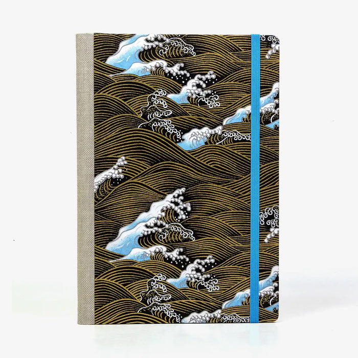 Skizzenbuch-A5-blanko-160-Seiten-Chiyogami-Papier-Motiv-Nami-Gold-blau-auf-schwarz-von-vorn