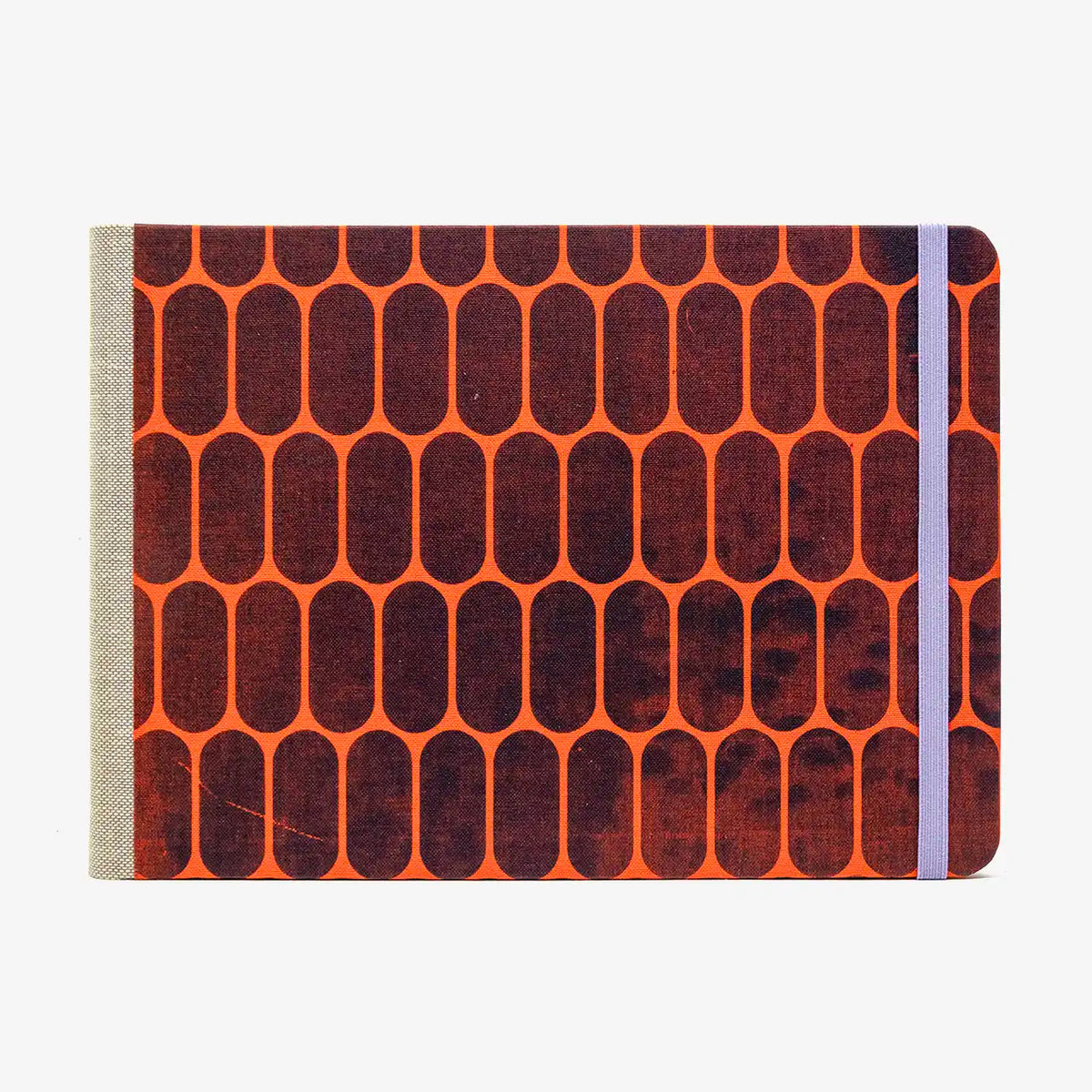Skizzenbuch-A5-blanko-Querformat-mit-Leinen-bedruckt-bezogen-Motiv-Leinen-Orange-mti-Druck-von-vorn