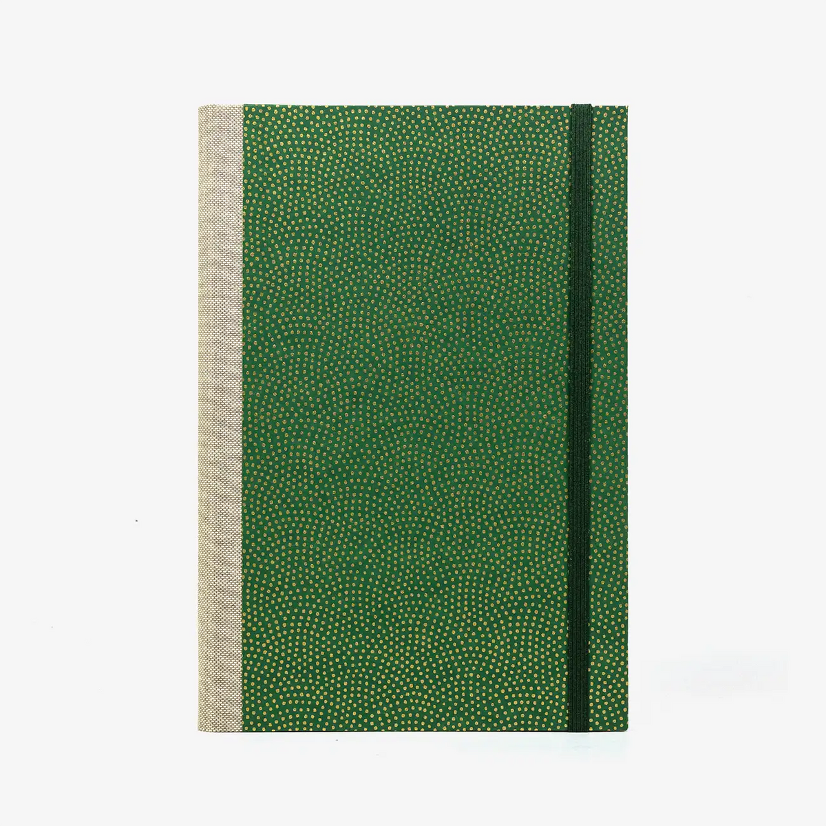 Skizzenbuch-A5-mit-Goldschnitt-cover-bezogen-mit-chiyogami-Papier-160-Seiten-Motiv-Same-Komon-gold-auf-gruen-gold-von-vorrn