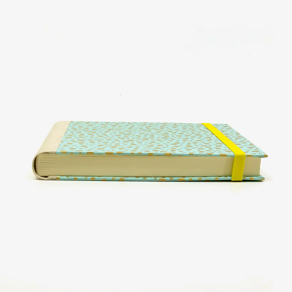 Skizzenbuch-Format-15x15cm-blanko-224seiten-cover-Chiyogami-Motiv-golden-polka-dots-tuerkis-liegend