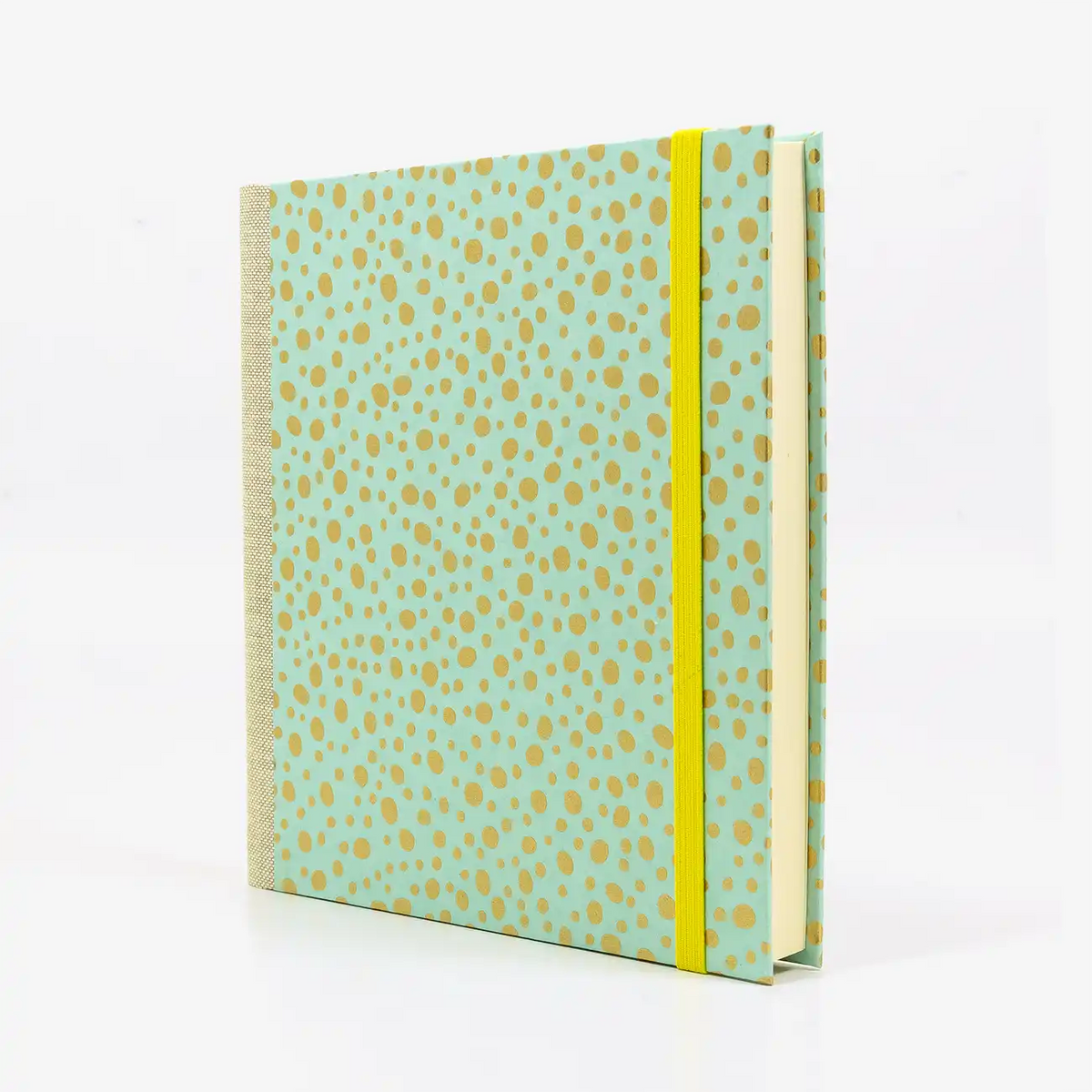 Skizzenbuch-Format-15x15cm-blanko-224seiten-cover-Chiyogami-Motiv-golden-polka-dots-tuerkis-seitlich-vorn