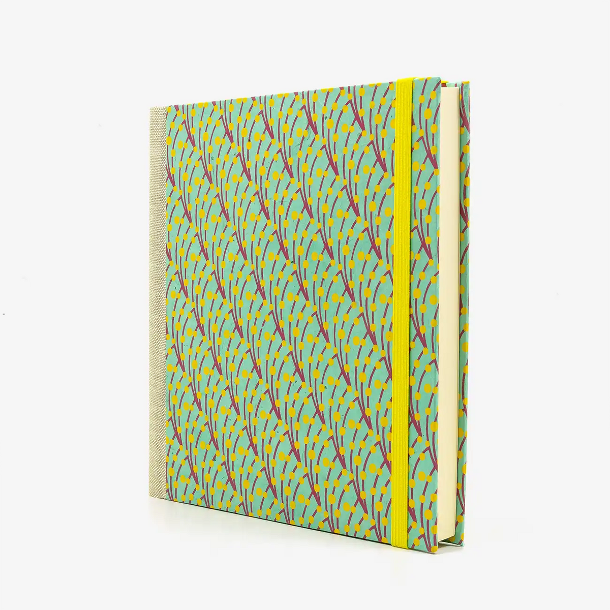 Skizzenbuch-Format-15x15cm-blanko-224seiten-cover-Lokta-Motiv-Bogen-Beeren-tigergelb-seitlich-vorn