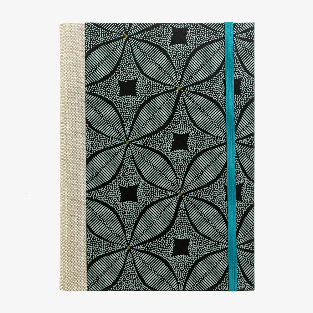 Notizbuch -17x24 - liniert -160 Seiten-Baumwollpapier-Papier - Design:- Blätter geometrisch-Aquamarine- auf- schwarz-cover-von-vorn