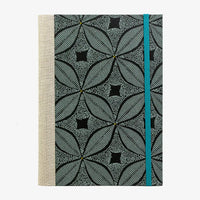 Notizbuch -17x24 - liniert -160 Seiten-Baumwollpapier-Papier - Design:- Blätter geometrisch-Aquamarine- auf- schwarz-cover-von-vorn