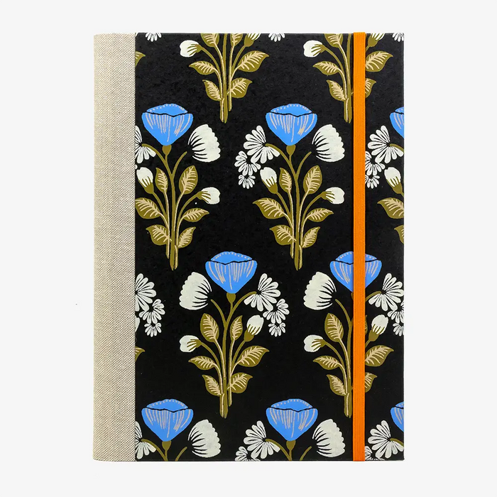 Skizzenbuch-leer-17x24cm-192seiten-cover-mit-Baumwollpapier-Motiv-Blumenmuster-auf-Schwarz