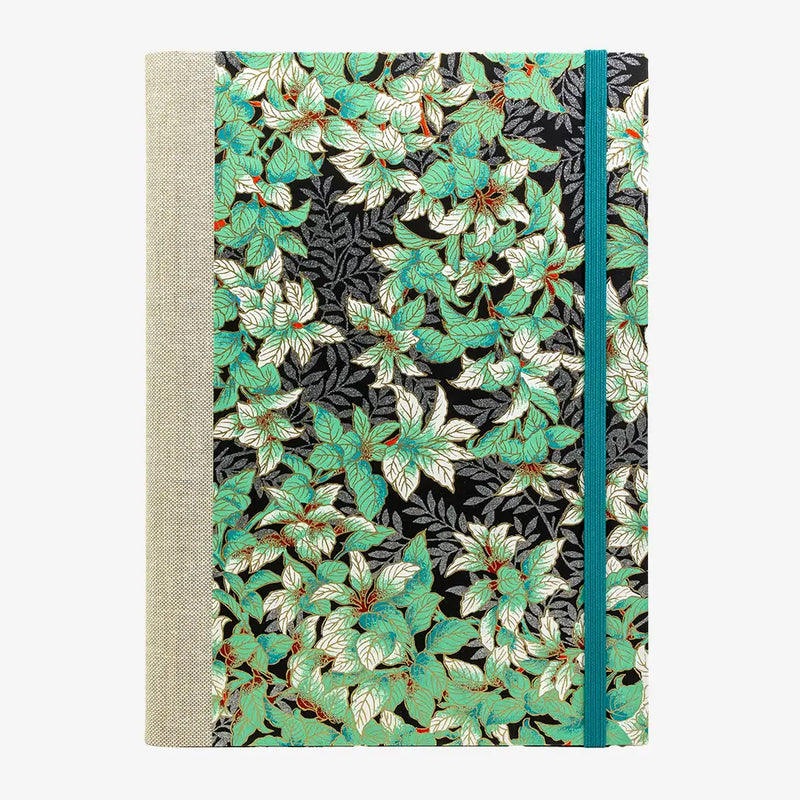 Notizbuch -17x24 -lliniert - 160 Seiten-Chiyogami- Papier-Design:- Botanical-Grün-Silber-auf- Schwarz-cover-von-vorn