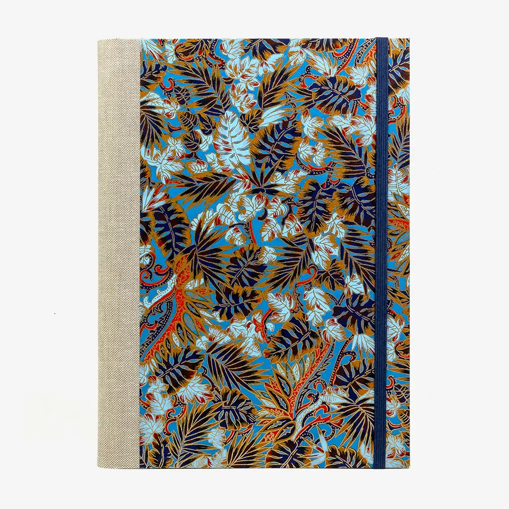 Notizbuch - 17x24-liniert - 160 Seiten -Chiyogami- Papier- Design: -Monstera- Muster- blau-Cover-von-vorn