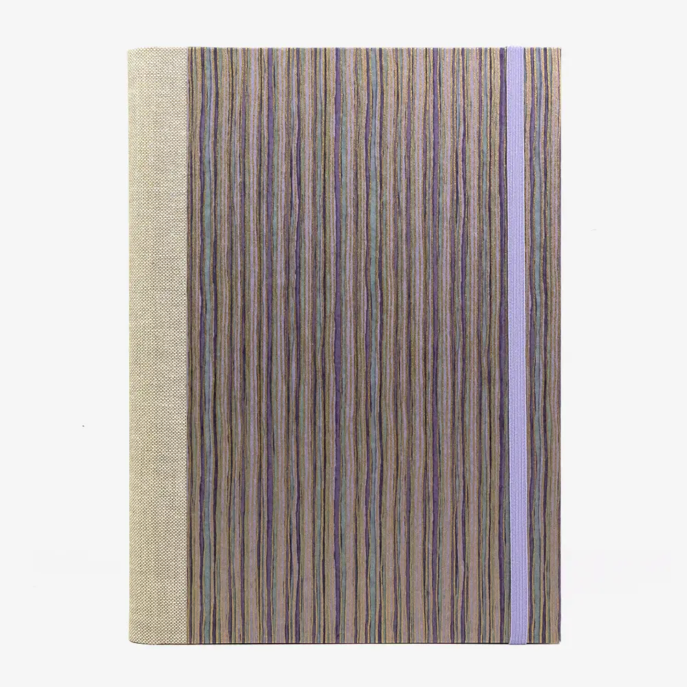 Notizbuch - 17x24 -liniert - 160 Seiten -Chiyogami- Papier- Design:- Streifen -Purple - Gold -Flieder-cover-von-vorn
