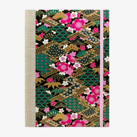 Skizzenbuch-leer-17x24cm-192seiten-cover-mit-Chiyogami-Papier-Motiv-gruene-Rauten-mit-PAttern-gefuellt