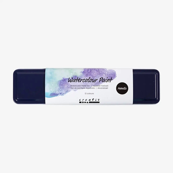 Aquarellfarbenset-Wasserfarbenset-13teilig-in-einer-Metallbox-1-Pinsel-12-Metallicfaren-Farbkasten-mit-Banderolle