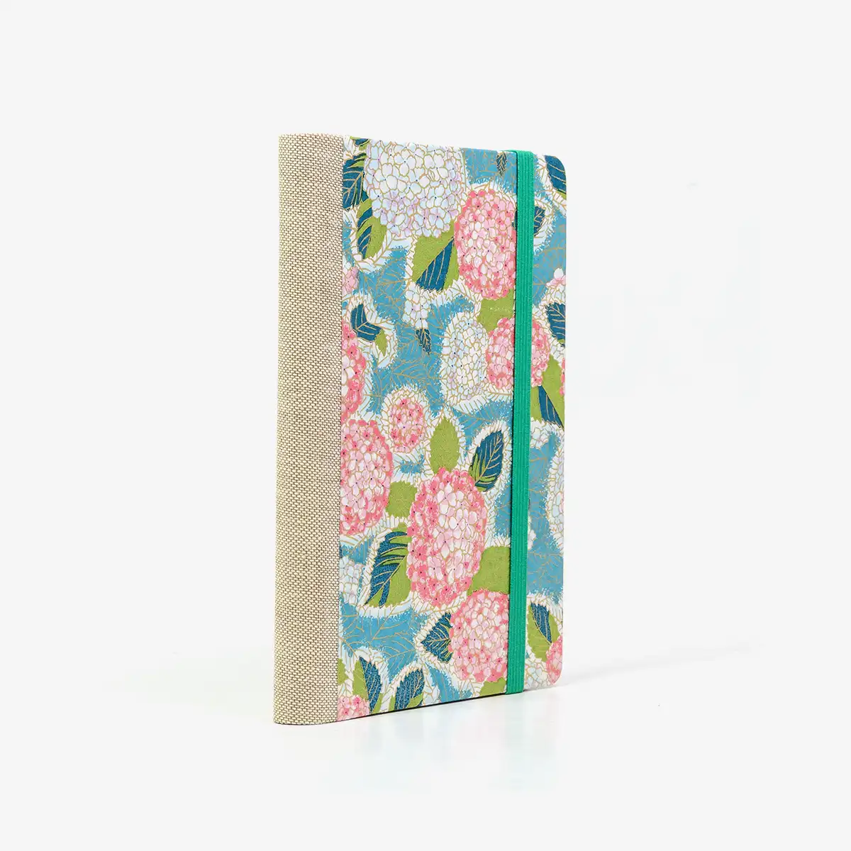 Wochenplaner-A6-design-Chiyogami-Papier-Hortensien-petrol-seitlich-von-hinten