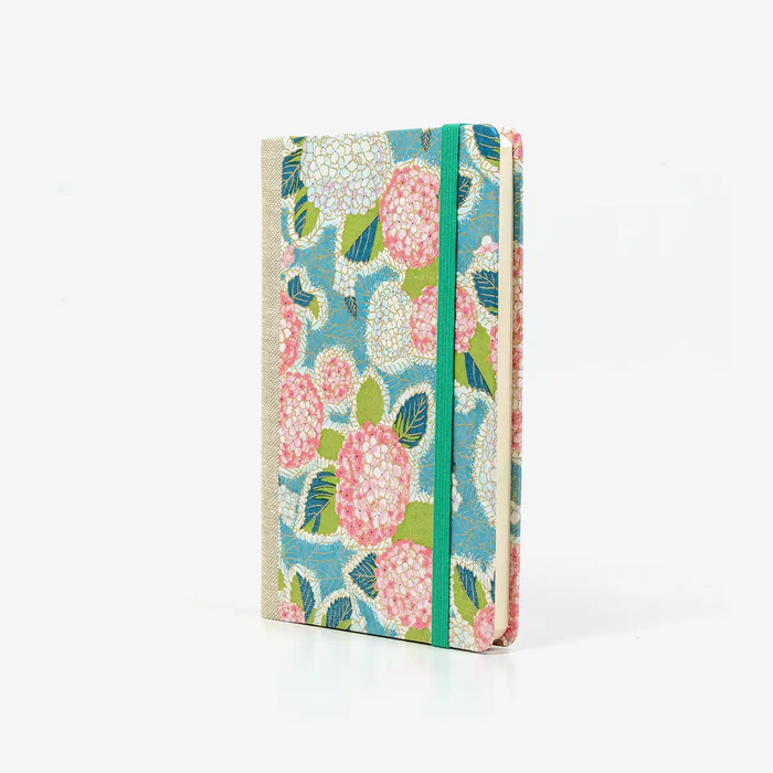 Wochenplaner-A6-design-Chiyogami-Papier-Hortensien-petrol-seitlich-von-vorn