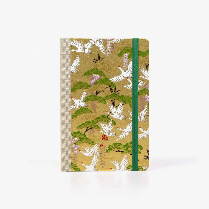 Wochenplaner-A6-design-Chiyogami-Papier-Kraniche-auf-gold-von-vorn