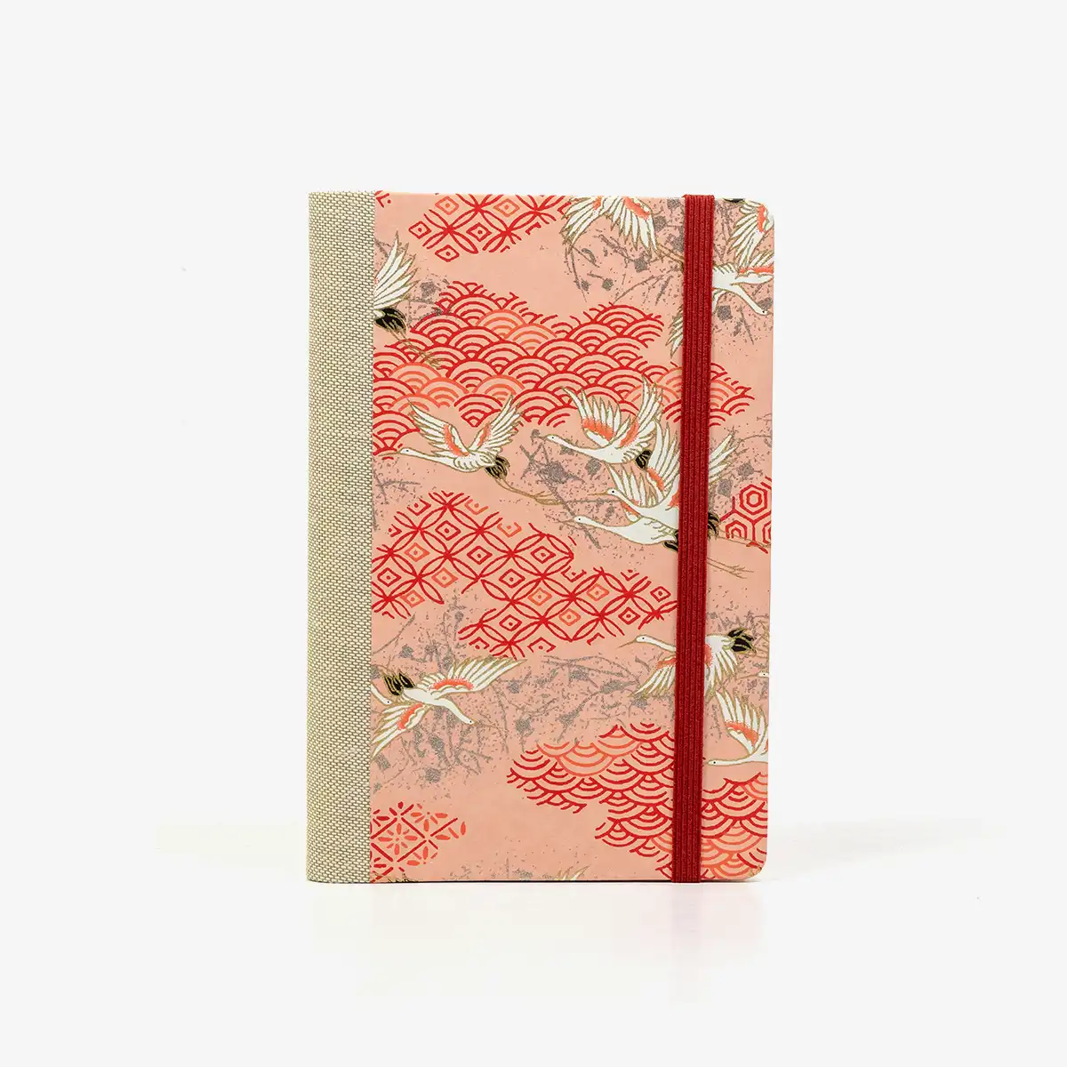 Wochenplaner-A6-design-Chiyogami-Papier-Motiv-Kraniche-auf-pink-von-vorn