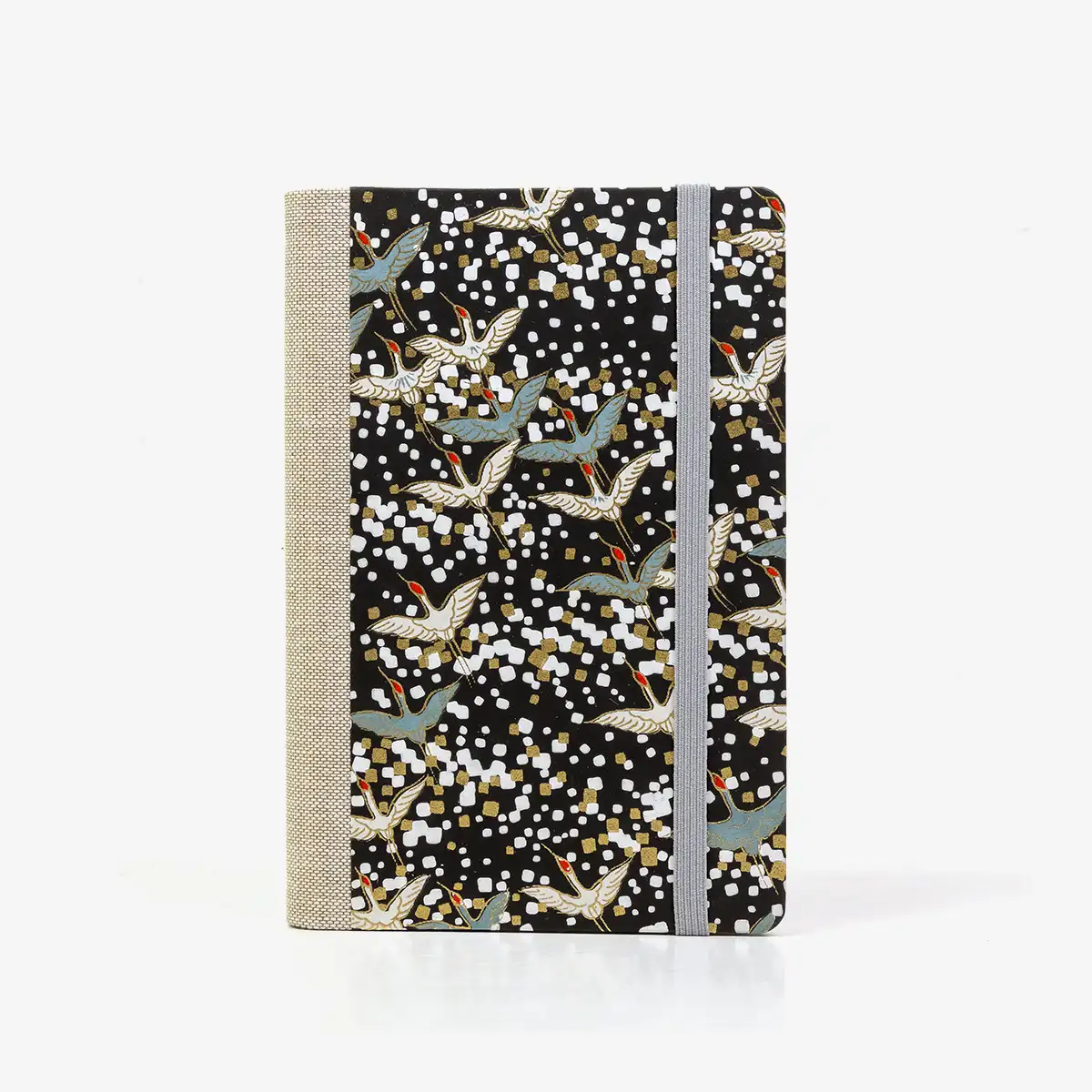 Wochenplaner-A6-design-Chiyogami-Papier-Motiv-Kraniche-auf-schwarz--von-vorn