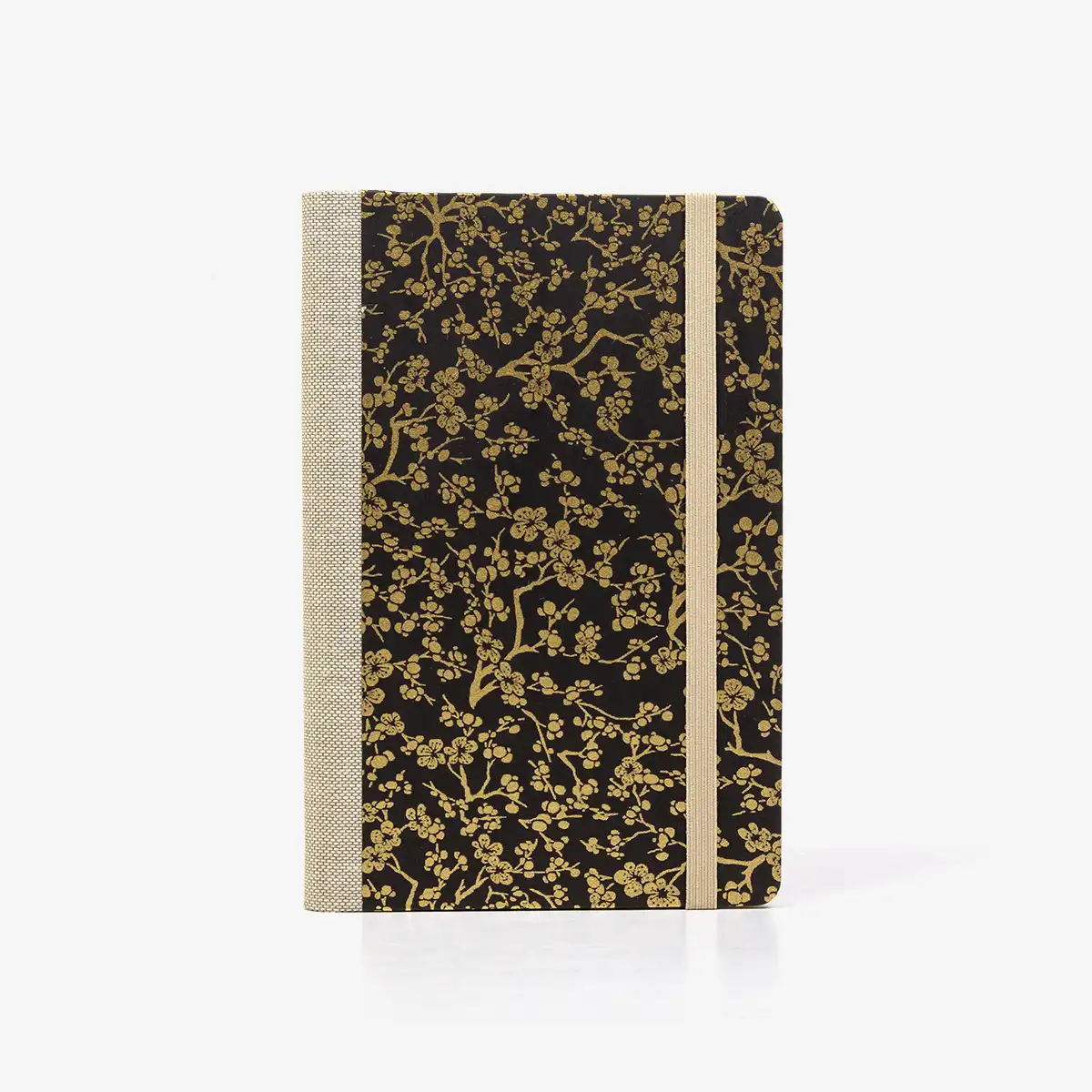 Wochenplaner-A6-design-Chiyogami-Papier-goldene-Kirschblueten-auf-schwarz-von-vorn