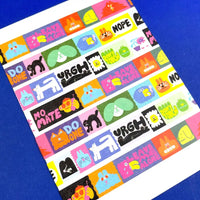 YUK-FUN-Bad-Washi-Tape-15mmx10m-Produktansicht-18-Motive-auf-ein-PApier-geklebt