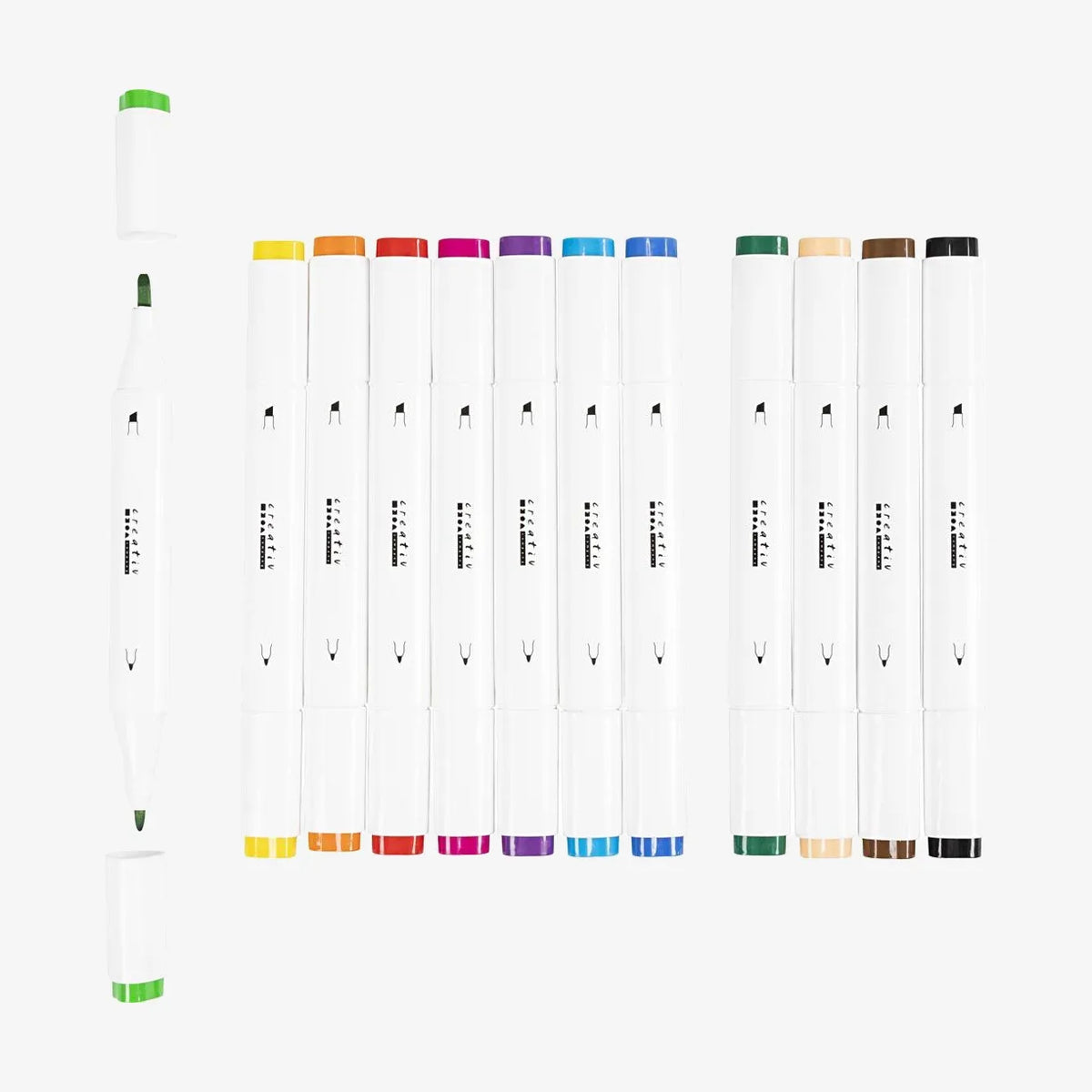 creativ-Company-Twin-Marker-Alkoholmarker-Standartfarben-Doppelspitze-12er-Set-Stifte-ein-Stift-geoeffnet-Produktansicht