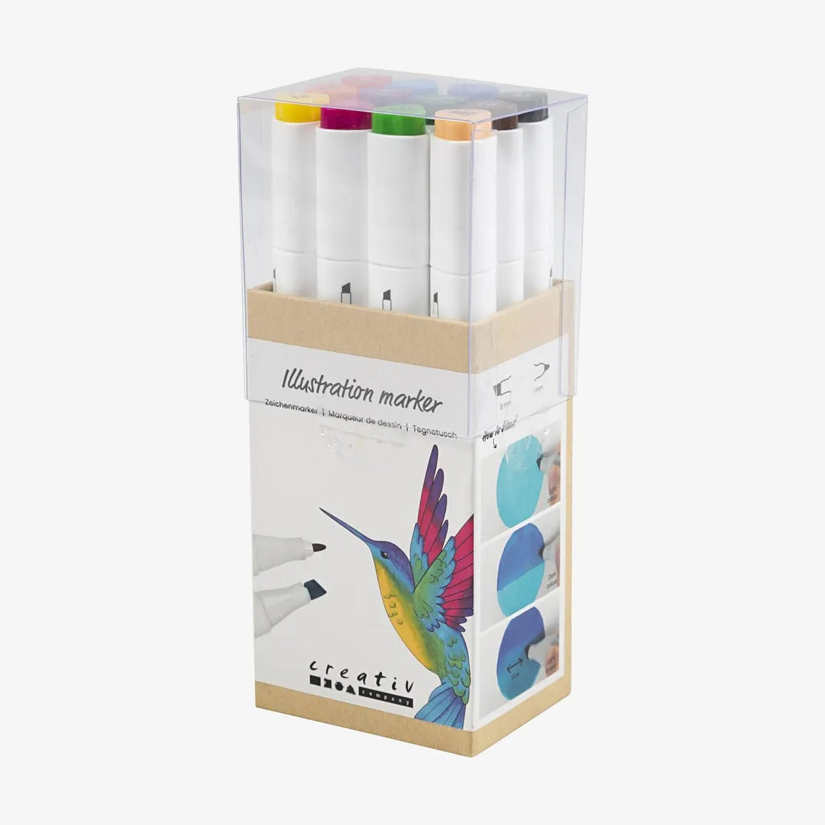 creativ-Company-Twin-Marker-Alkoholmarker-Standartfarben-Doppelspitze-12er-Set-StifteProduktansicht-inVerpackung-seitlich