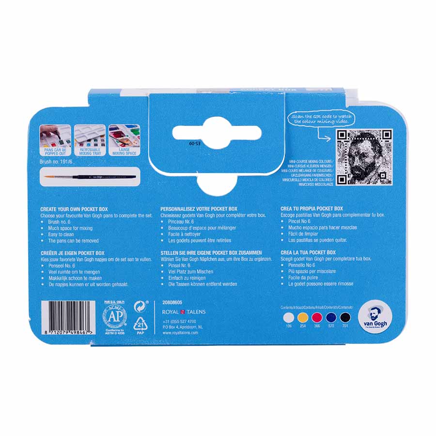 Van -Gogh- Aquarellfarbkasten- Primärfarben-Mischset-5 -Halbschalen + 7- Leerräume-Verpackung-von-hinten