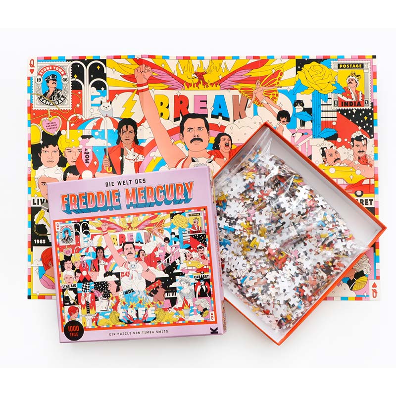 Laurence_King-puzzle-freddy-mercury-1000teiliges-Puzzle-Puzzlebox-Verpackung-offen+Poster+Puzzleteile-1