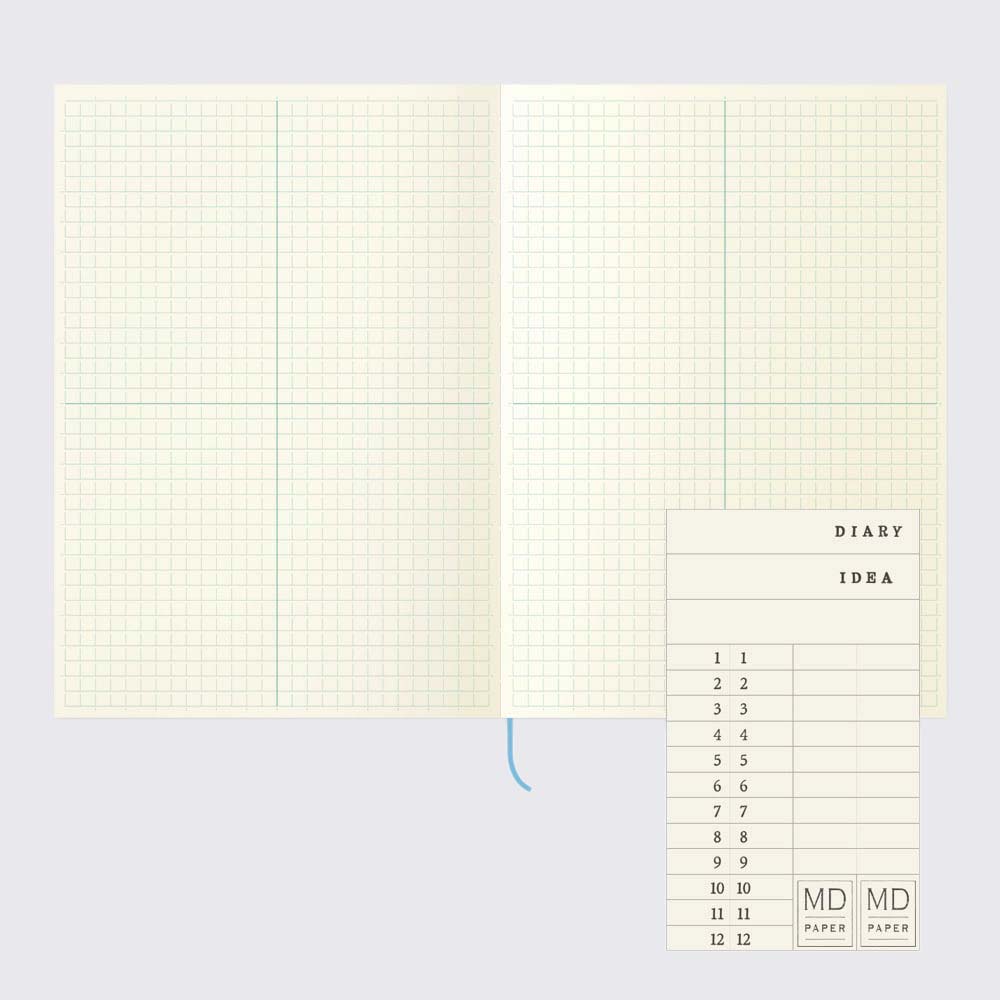 Midori-MD-Notebook-A5-GridBlock_Notizbuch-Cover-Produktansicht-aufgeschagen-Innenansicht-kariertes PApier