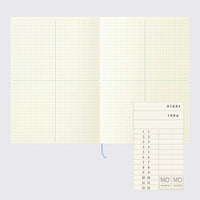 Midori-MD-Notebook-A5-GridBlock_Notizbuch-Cover-Produktansicht-aufgeschagen-Innenansicht-kariertes PApier